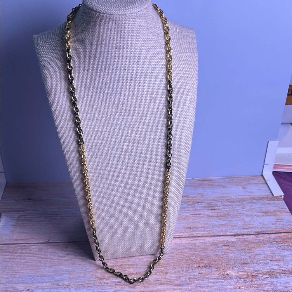 VTG Monet Alternating Gold Tone & Black Enamel Rope Chain Necklace Signed 24"